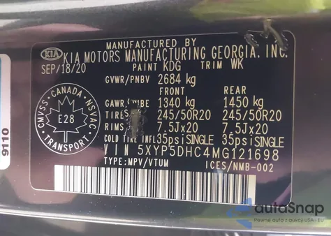 2021 Kia Telluride Sx z USA, uszkodzony, nr VIN 5XYP5DHC4MG121698